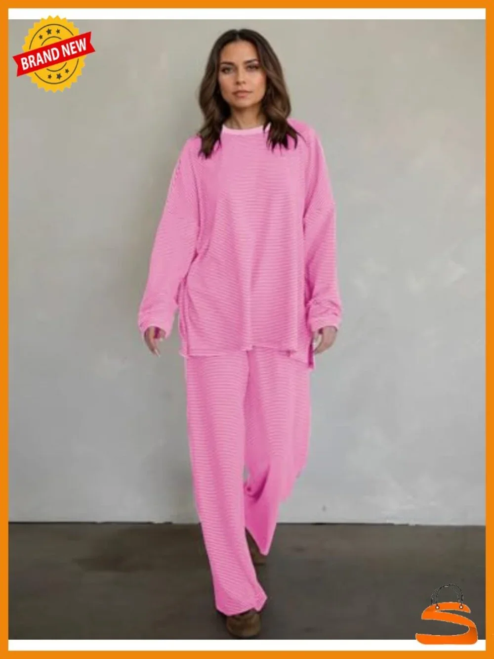 Cotton Blend Striped 2 Piece Lounge Set Long Sleeve Wide Leg Pajamas
